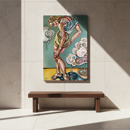 Fine art original by Noemi Safir with a bent female figure, flowing painted forms, and expressive acrylic contour work