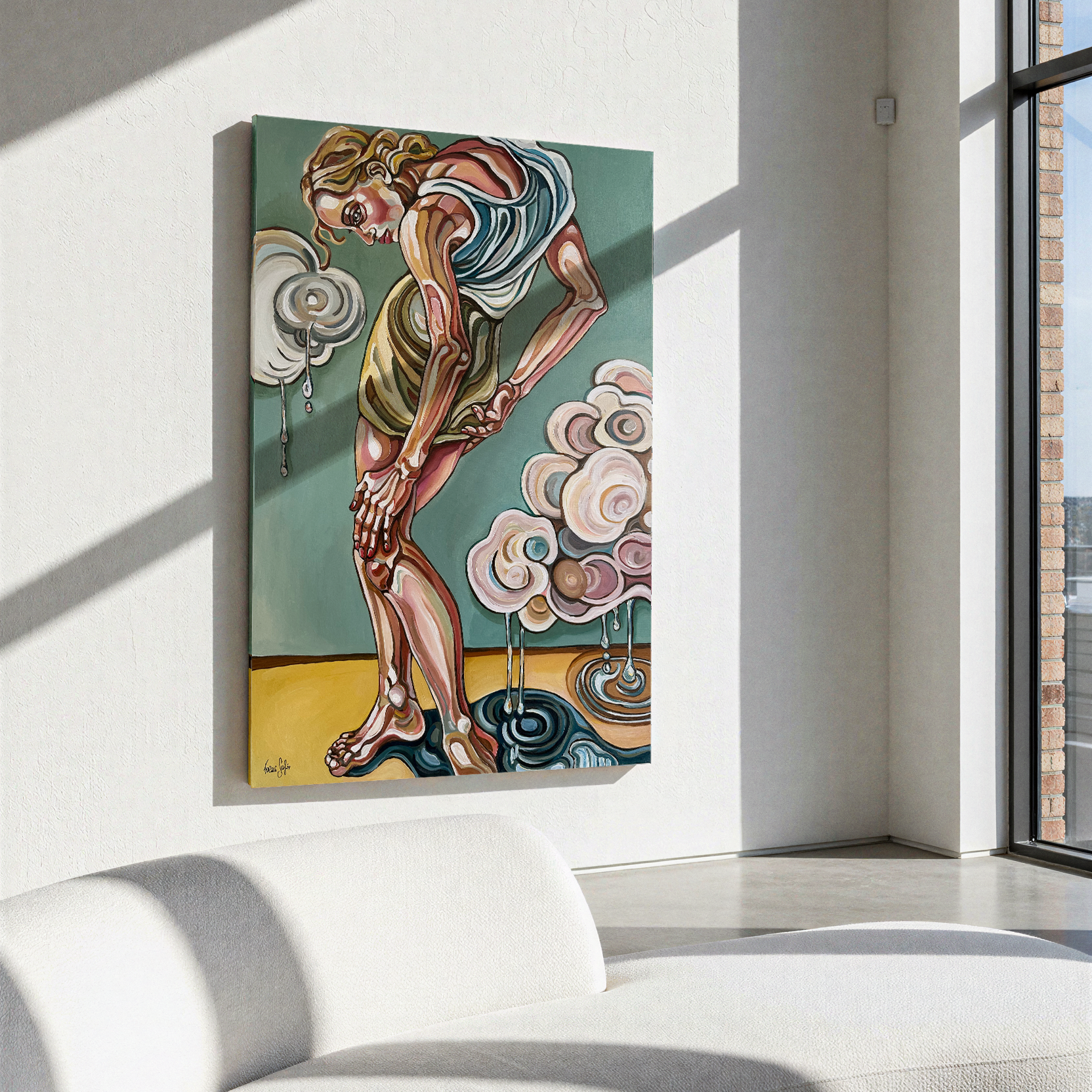 One of a kind original artwork by Noemi Safir showing a solitary woman folded inward against a muted green background