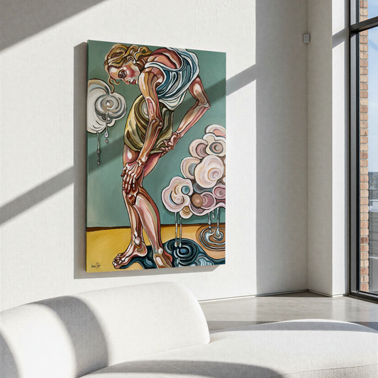 One of a kind original artwork by Noemi Safir showing a solitary woman folded inward against a muted green background