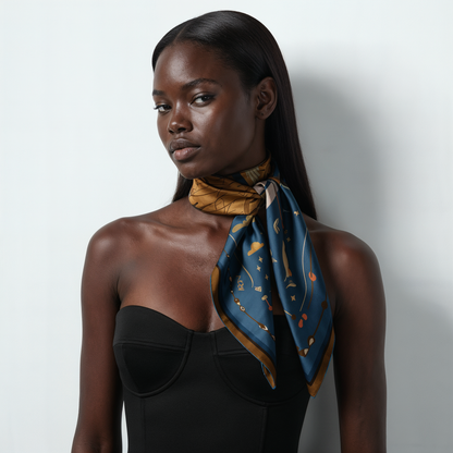 Elegant blue and gold silk scarf designed for versatile styling, from casual outfits to refined evening looks in international cities.