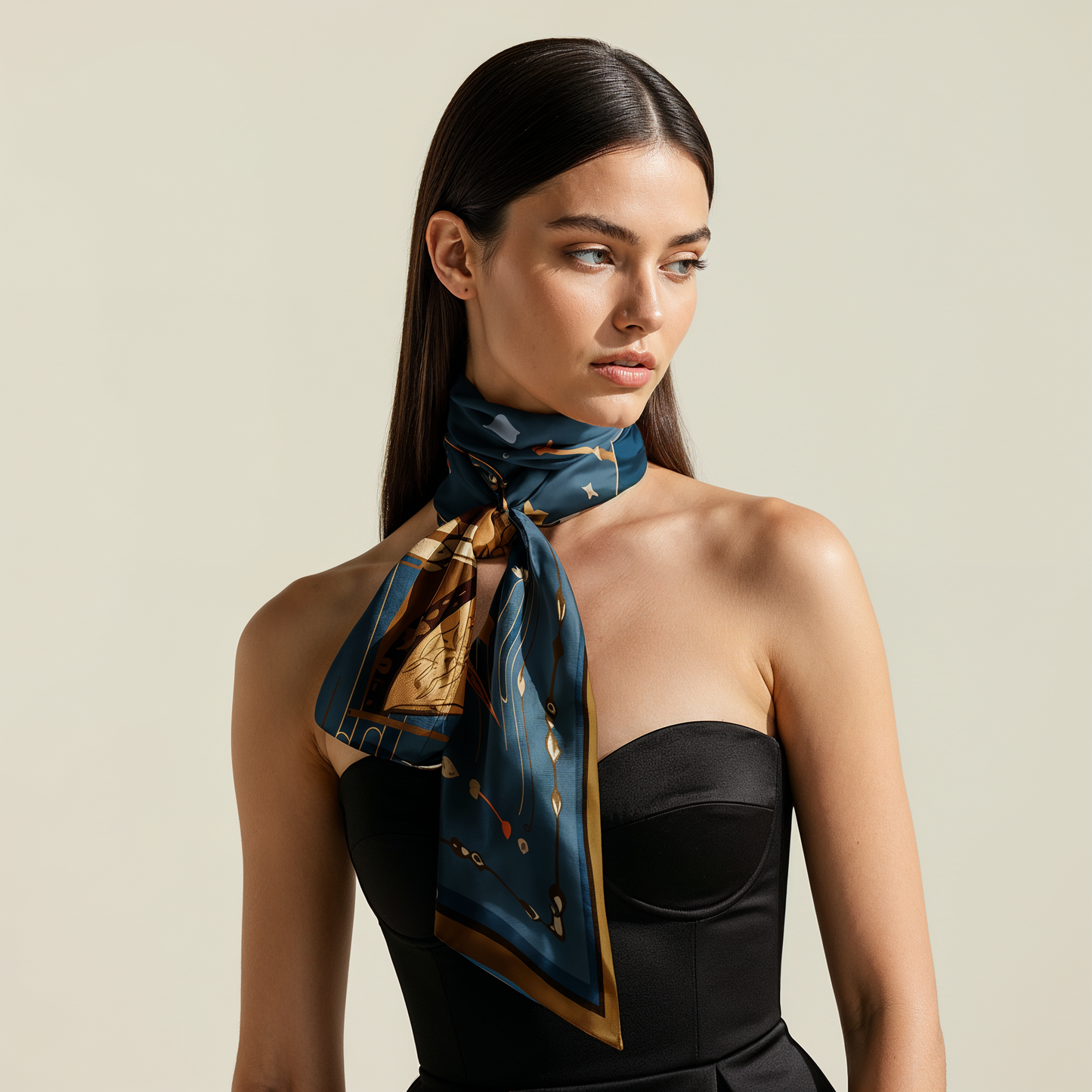 Royal blue silk scarf with contemporary artistic illustration and symbolic elements, high end fashion accessory for modern women across global fashion capitals.