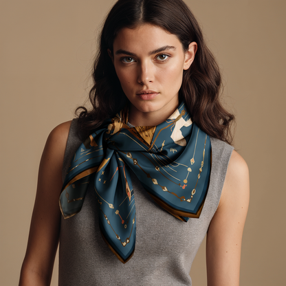 Luxury fashion scarf by NOE MI blending artistic storytelling and modern femininity, perfect for global travelers and fashion enthusiasts.