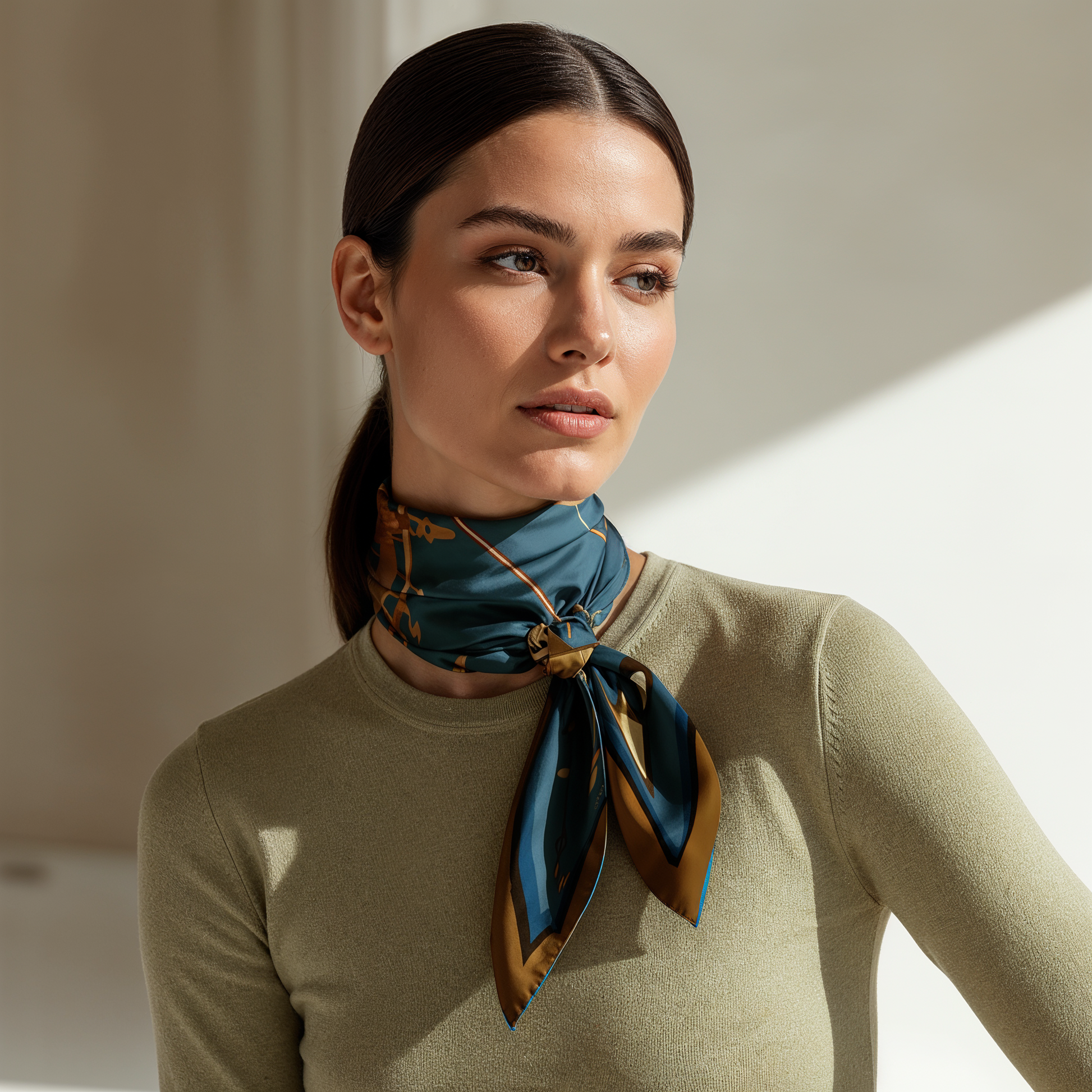 Premium silk twill scarf with elegant drape and luminous sheen, luxury designer accessory for fashion lovers in New York, Los Angeles, and Milan.