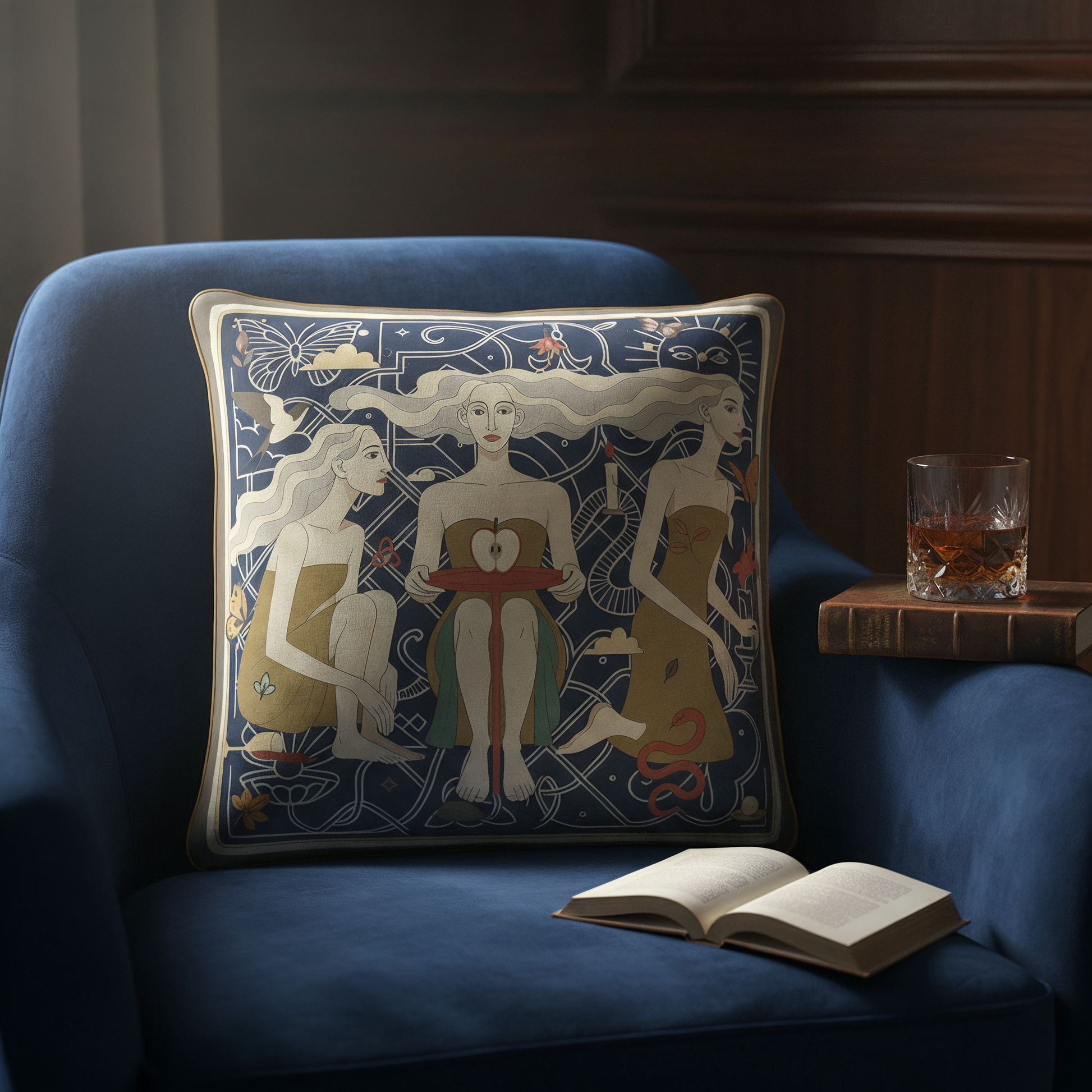 NOE MI artistic square cushion featuring three feminine figures in sapphire palette for modern interiors