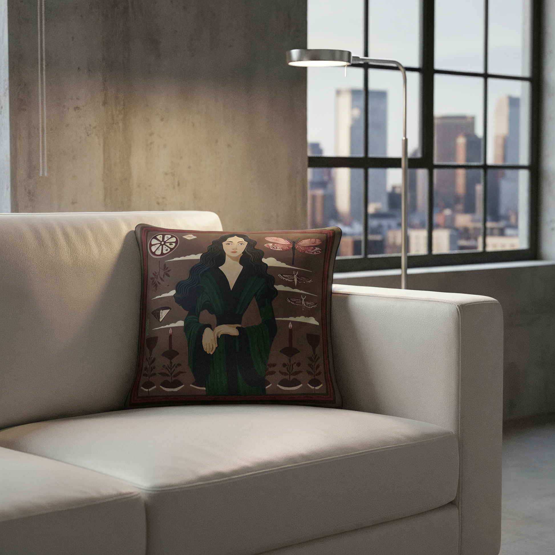 NOE MI decorative pillow featuring feminine figure and dark aesthetic in premium fabric