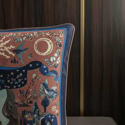 NOE MI square designer cushion in velvet shimmer or brushed twill fabric designed for art collectors and fashion lovers seeking bold statement decor.