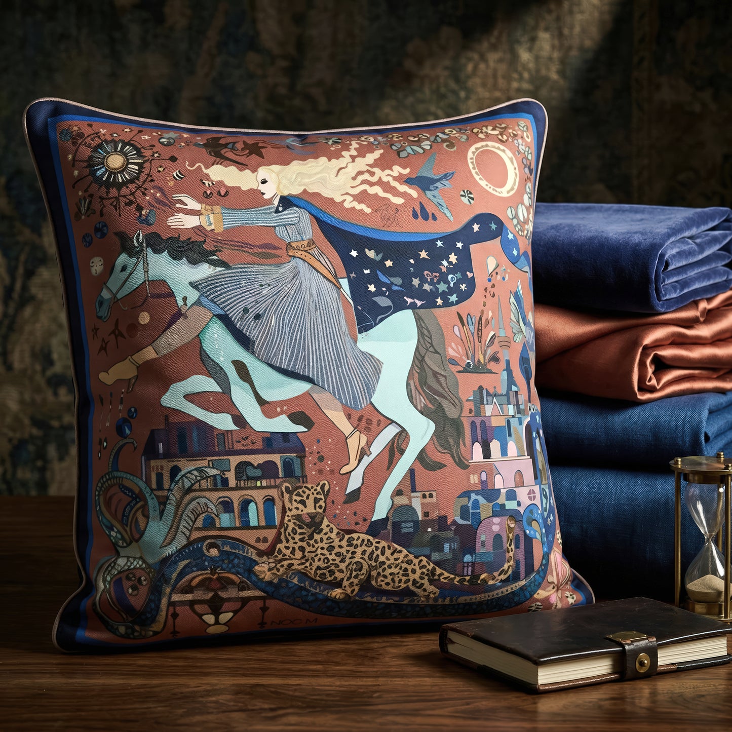 NOE MI artistic square cushion blending cosmic equestrian imagery and modern cityscape in rich jewel tones for sophisticated decor lovers.