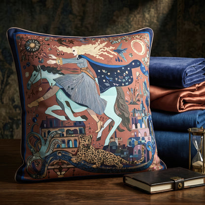 NOE MI artistic square cushion blending cosmic equestrian imagery and modern cityscape in rich jewel tones for sophisticated decor lovers.