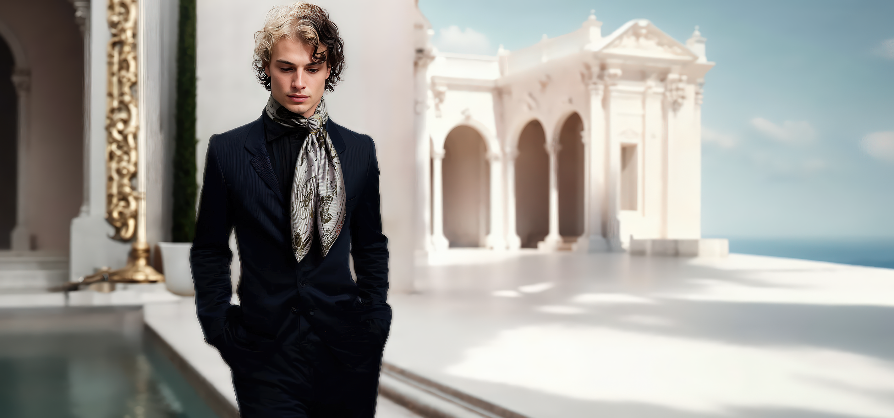 a man wearing NOE MI silk twill scarf. 