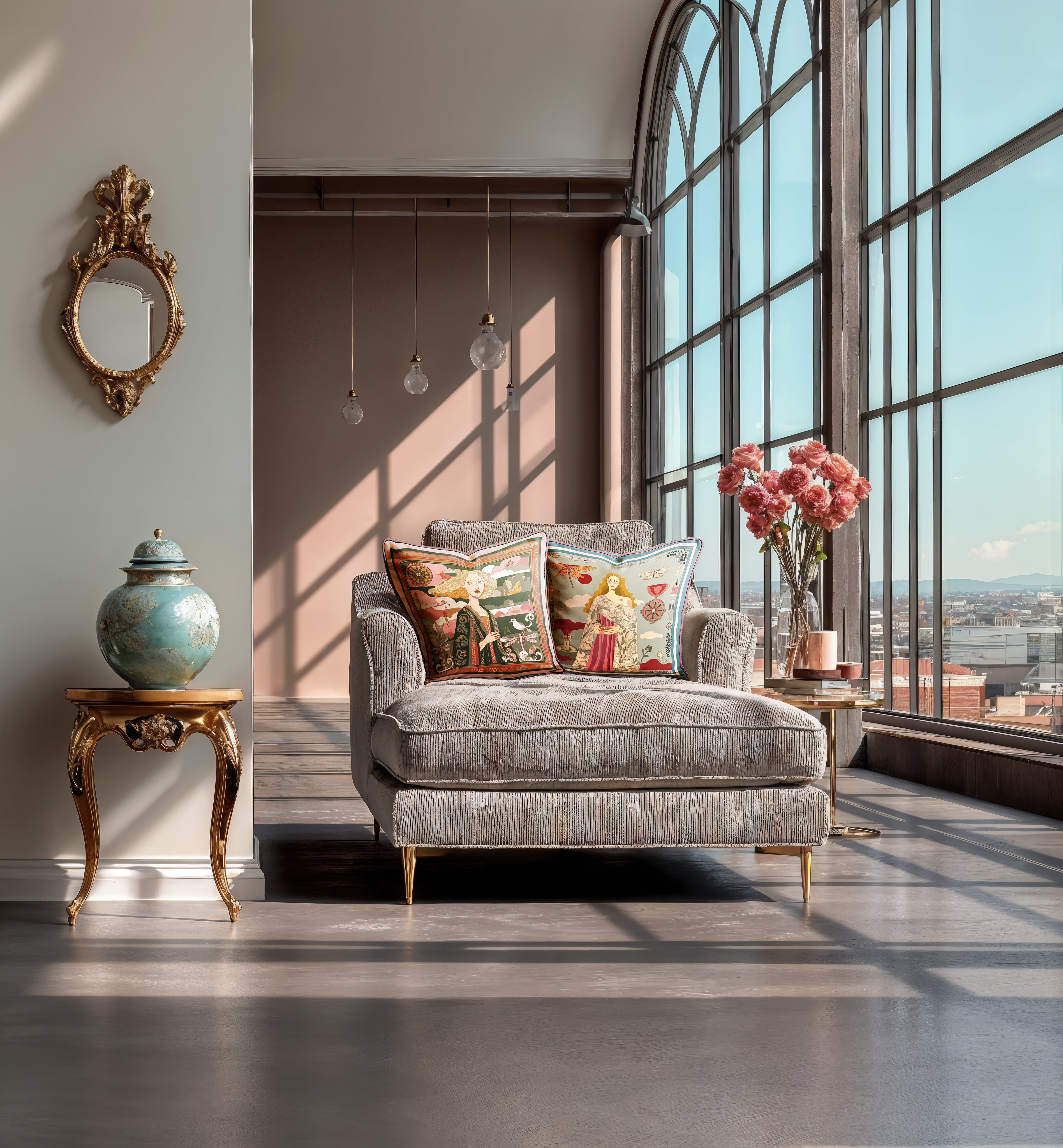 Gray velvet sofa with decorative luxury art velvet cushions by NOE MI in a room with large windows and a decorative mirror.