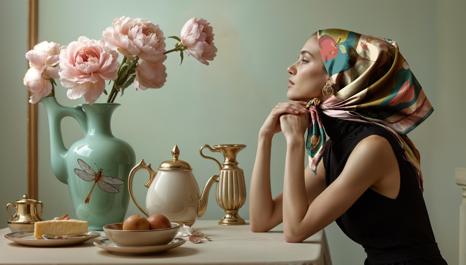 Woman with a colorful LUXURY ART silk TWILL NOE MI scarf sitting at a table with flowers and teapots.