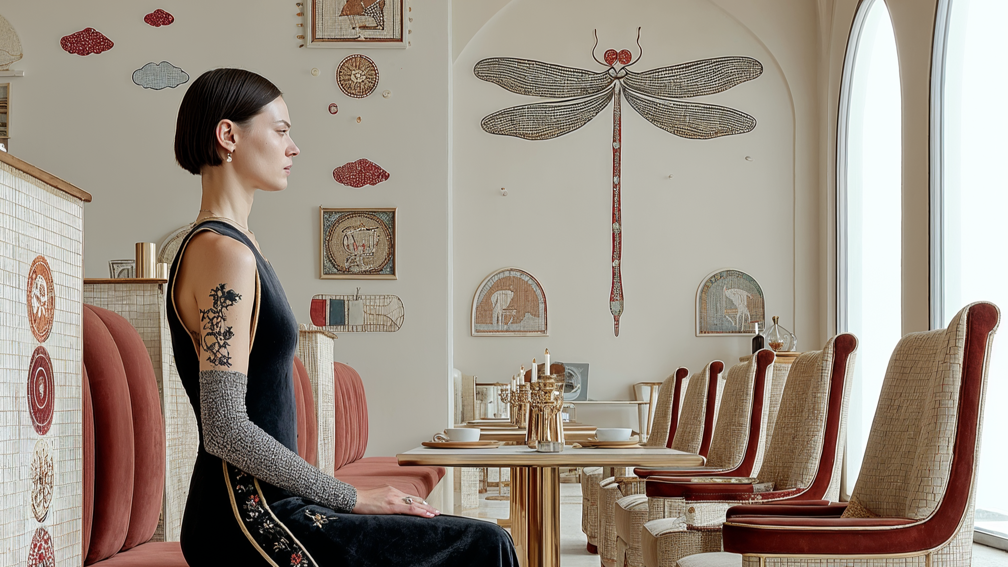 Woman in a black dress sitting in an elegant dining room with decorative walls and furniture.