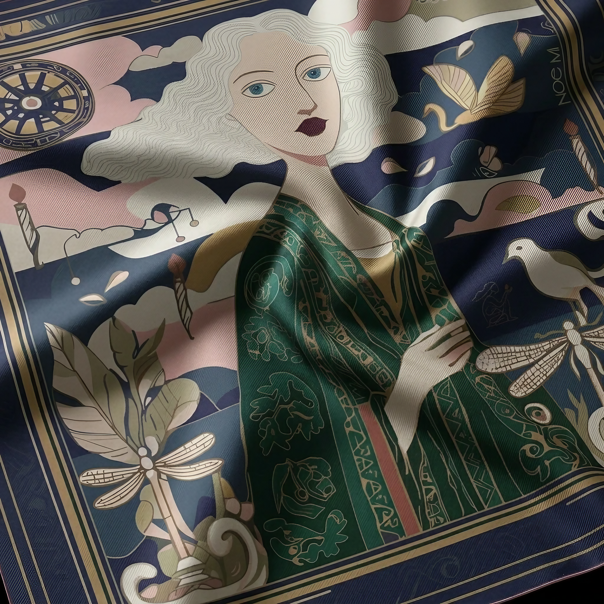 NOE MI statement silk scarf Golden Threads Emerald featuring refined color palette and symbolic illustration, created for high end styling and expressive fashion identities.