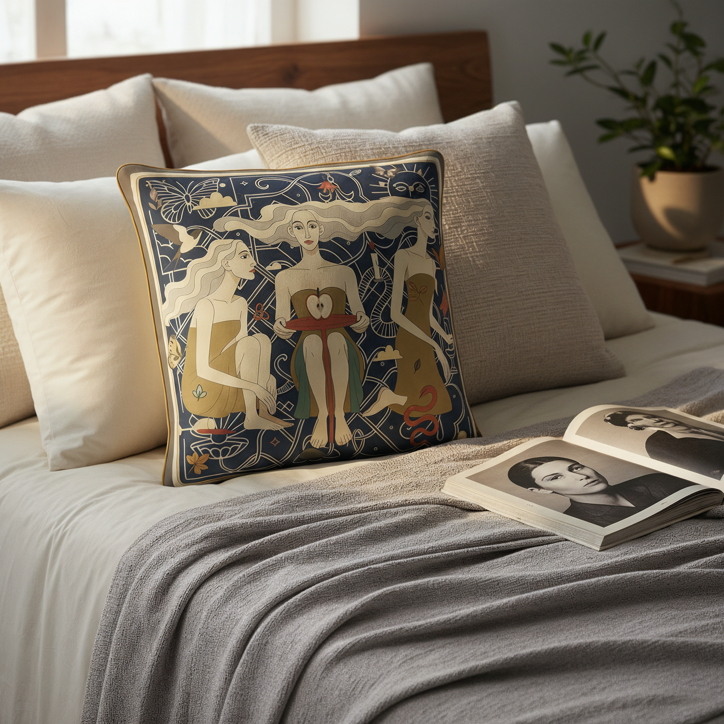 NOE MI decorative pillow with rich blue background and warm accents in premium fabric finish