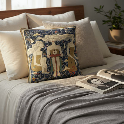 NOE MI decorative pillow with rich blue background and warm accents in premium fabric finish