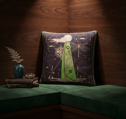 NOE MI The Navigator Amethyst cushion is a luxury home decor pillow with a dark purple background, luminous green garment, and refined symbolic details, ideal for customers seeking artistic and expressive cushions.