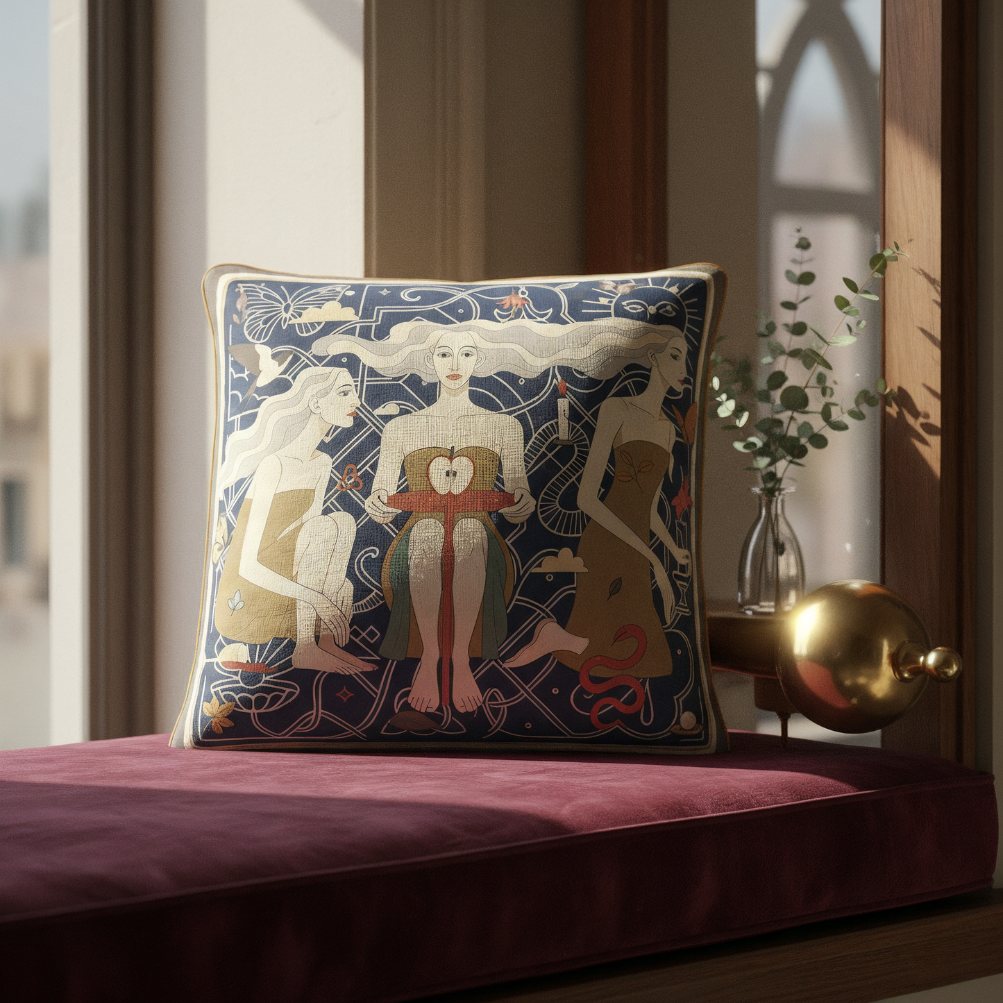 NOE MI premium cushion cover with artistic composition and elegant color balance in blue and gold tones