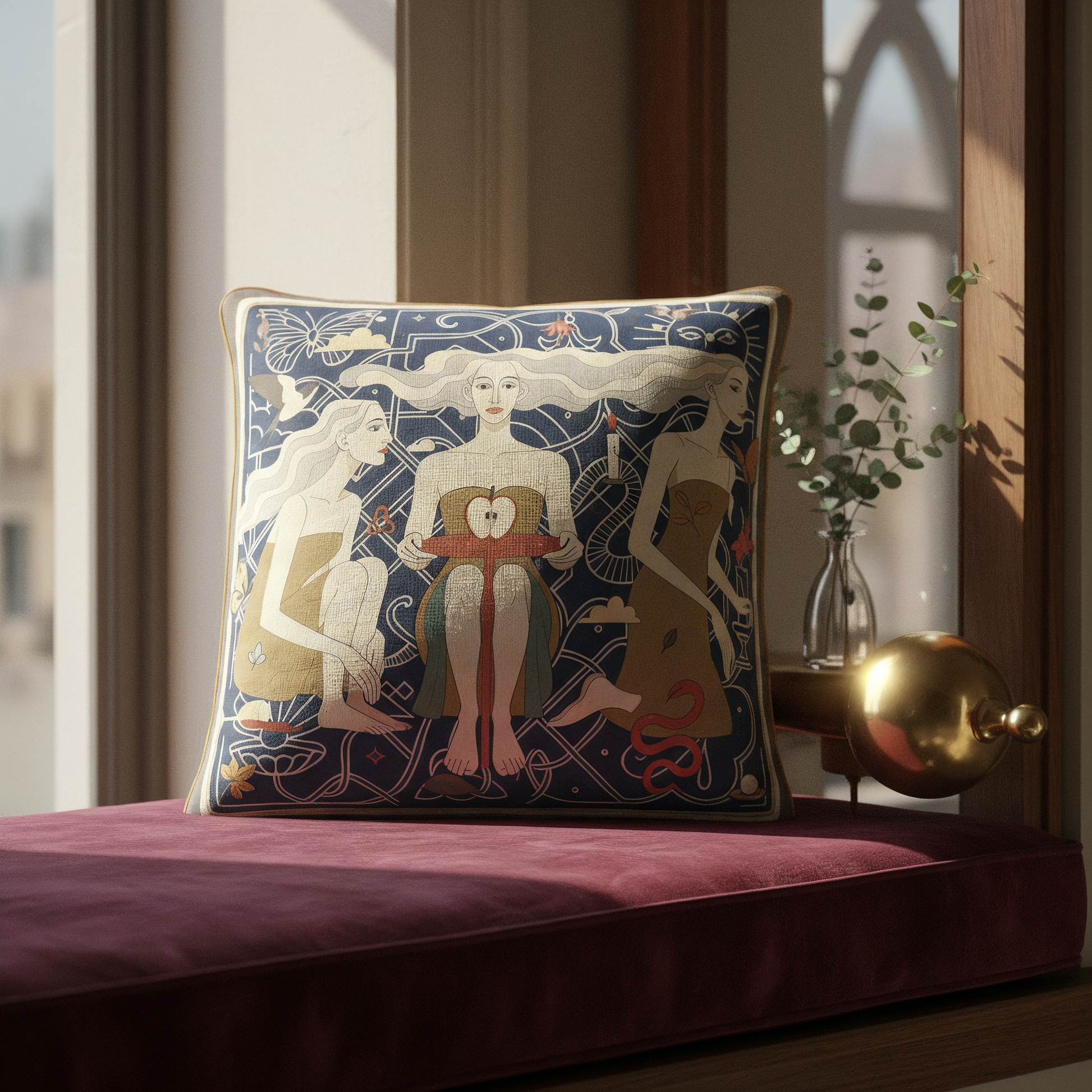 NOE MI premium cushion cover with artistic composition and elegant color balance in blue and gold tones