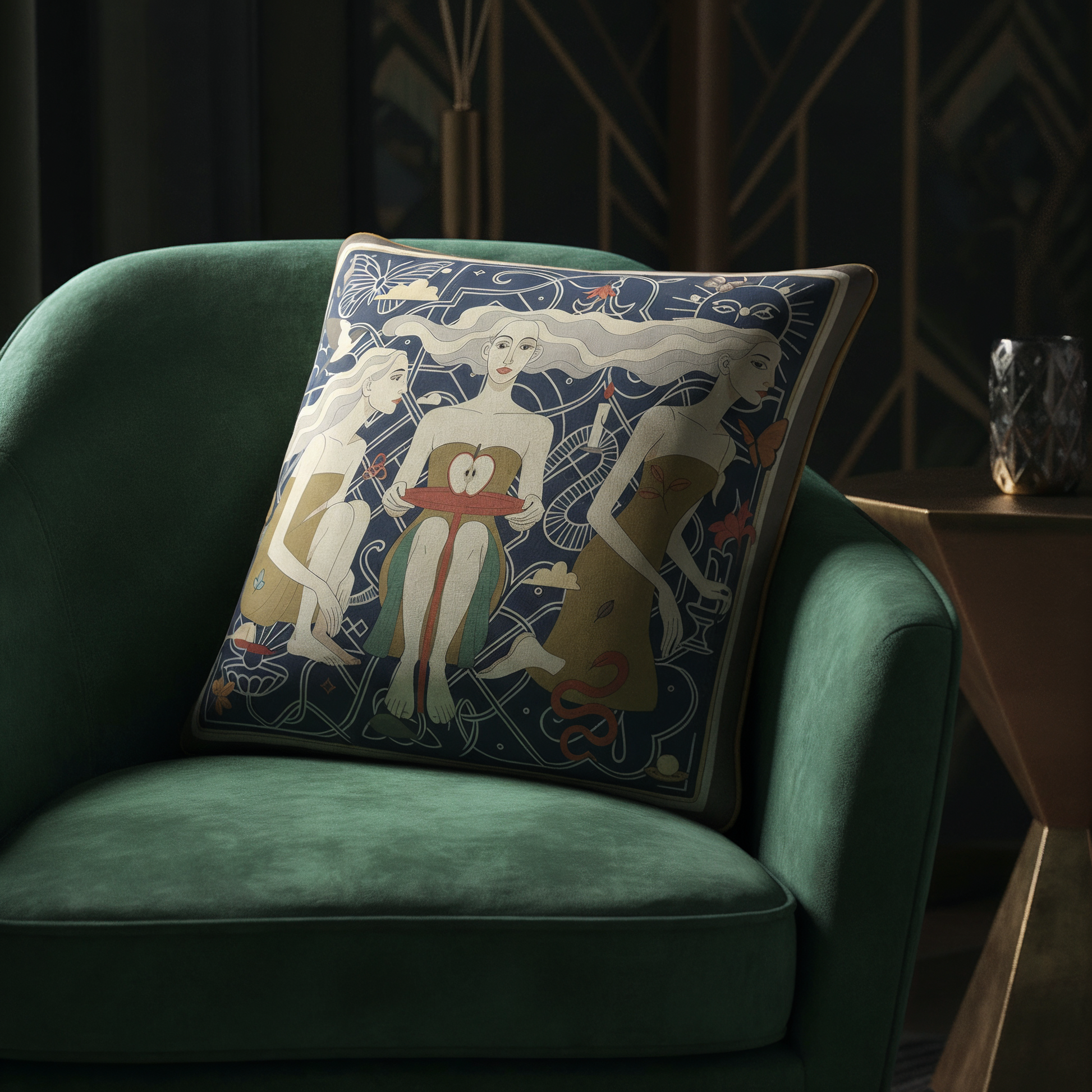 NOE MI Apple Affair Sapphire cushion is a luxury home decor pillow with deep blue background, soft cream figures, golden accents, and warm red details, perfect for customers searching for artistic decorative cushions with refined color harmony.