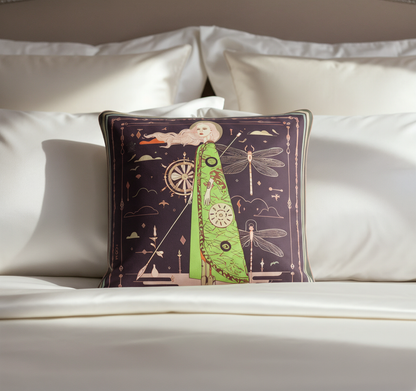 NOE MI The Navigator Amethyst cushion is a designer square pillow featuring a central feminine figure, dragonfly motifs, and symbolic navigation elements in a rich amethyst and green palette for luxury home decor.