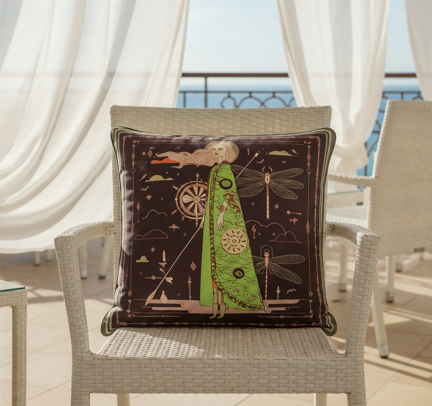 NOE MI The Navigator Amethyst square cushion is a statement designer pillow combining feminine illustration, celestial and directional symbols, and a bold color contrast for modern and classic interiors.