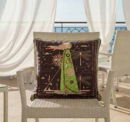 NOE MI The Navigator Amethyst square cushion is a statement designer pillow combining feminine illustration, celestial and directional symbols, and a bold color contrast for modern and classic interiors.