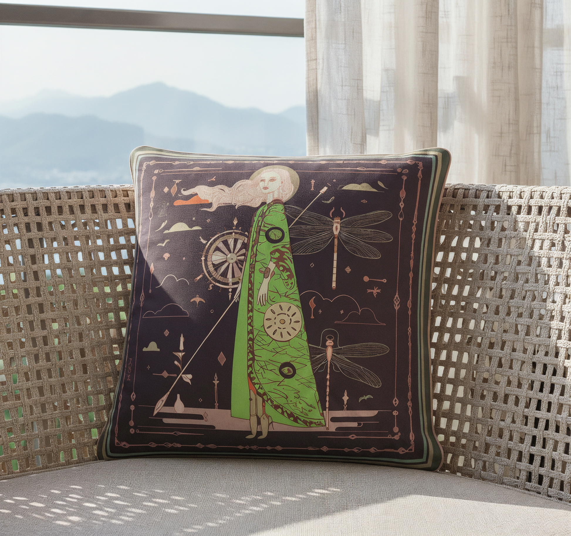 NOE MI The Navigator Amethyst square cushion blends deep amethyst tones with vibrant green highlights, dragonfly imagery, and refined linework, creating a distinctive luxury pillow for artistic interiors.