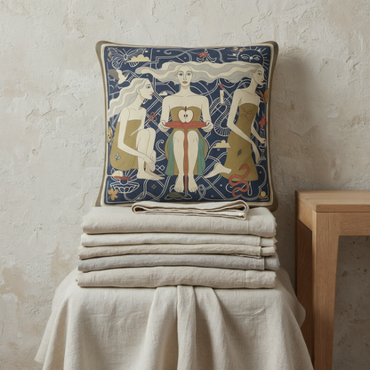 NOE MI Apple Affair Sapphire square cushion is a statement designer pillow that adds depth, symbolism, and sophisticated visual presence to contemporary interiors, luxury sofas, layered beds, and elegant reading corners.