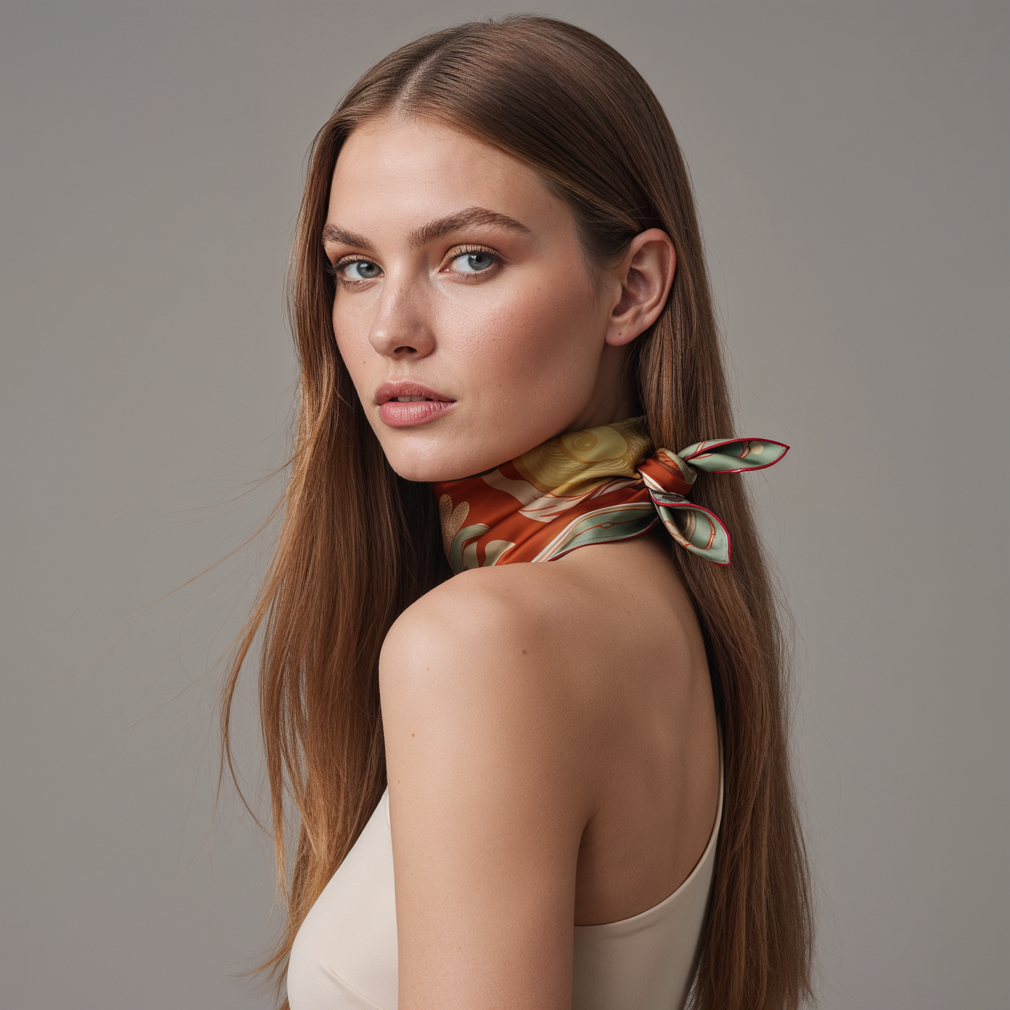 NOE MI 100% silk twill scarf with dragonfly and moon print in deep terracotta, olive green, and gold, luxury fashion accessory