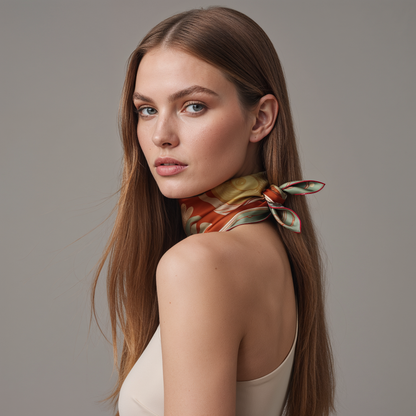 NOE MI 100% silk twill scarf with dragonfly and moon print in deep terracotta, olive green, and gold, luxury fashion accessory