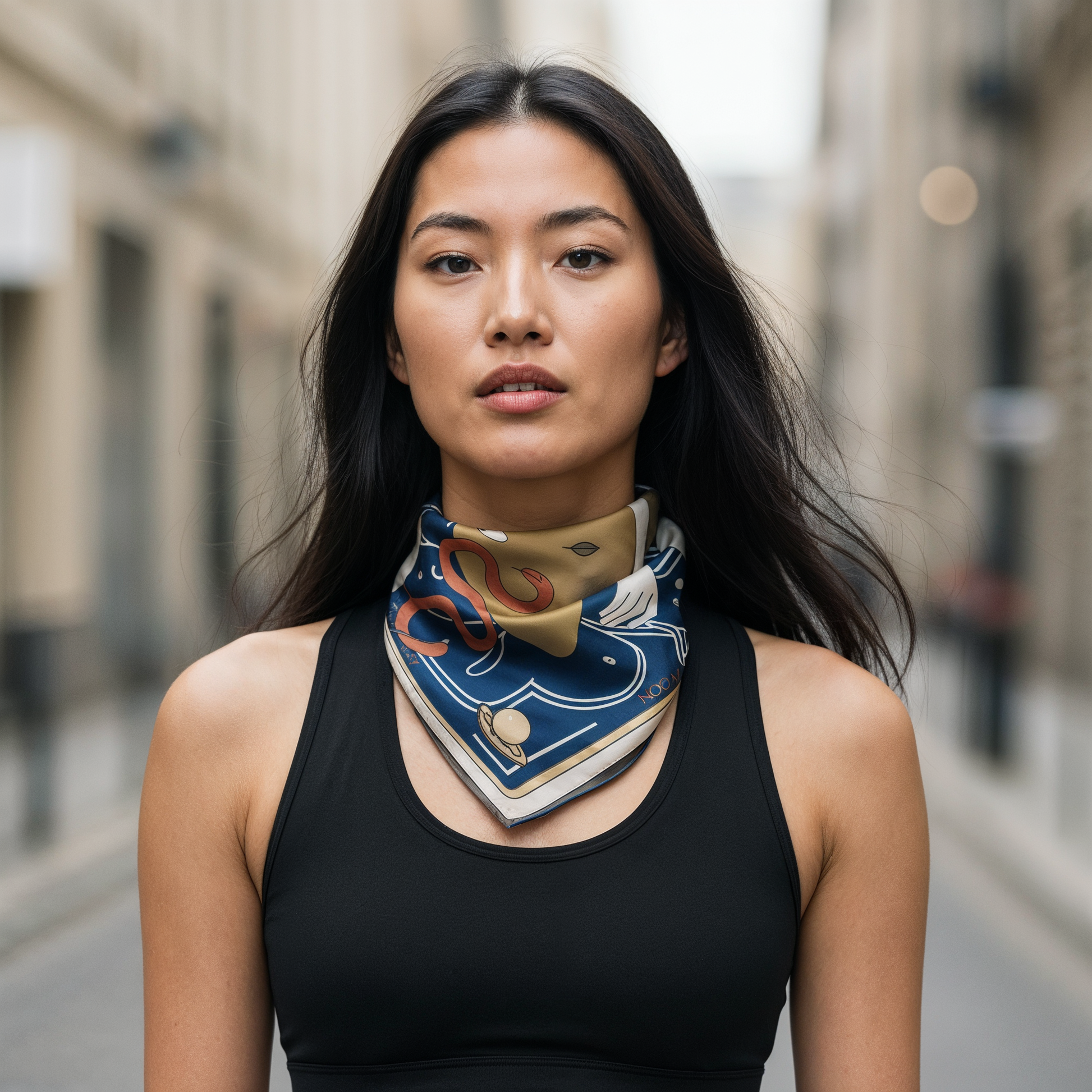 NOE MI Apple Affair Sapphire silk scarf is a high end fashion piece combining symbolic illustration, balanced composition, and rich color harmony.