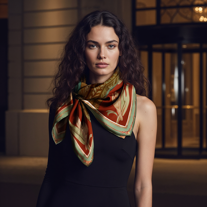 Luxury designer scarf by NOE MI, 100% silk with Lunar Empress celestial artwork, hand-finished edges, terracotta and gold palette, global fashion statement piece.