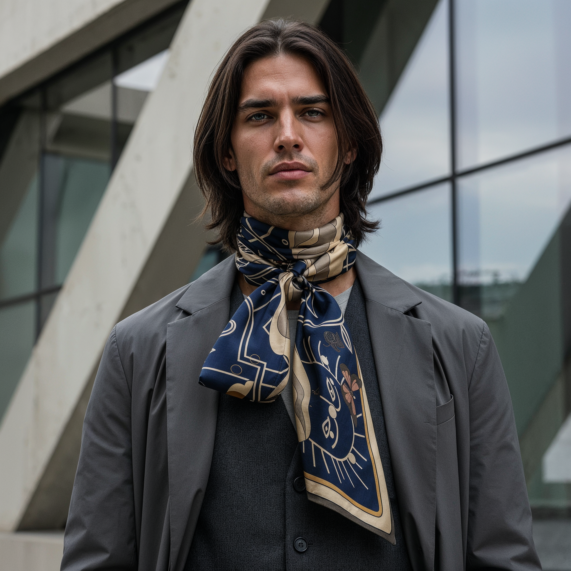 NOE MI Apple Affair Sapphire silk scarf is a wearable art piece designed for men who connect to symbolism, emotional storytelling, and refined fashion.