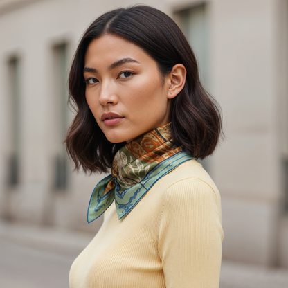 NOE MI luxury wearable art scarf in silk twill featuring spring inspired colors and symbolic feminine figure