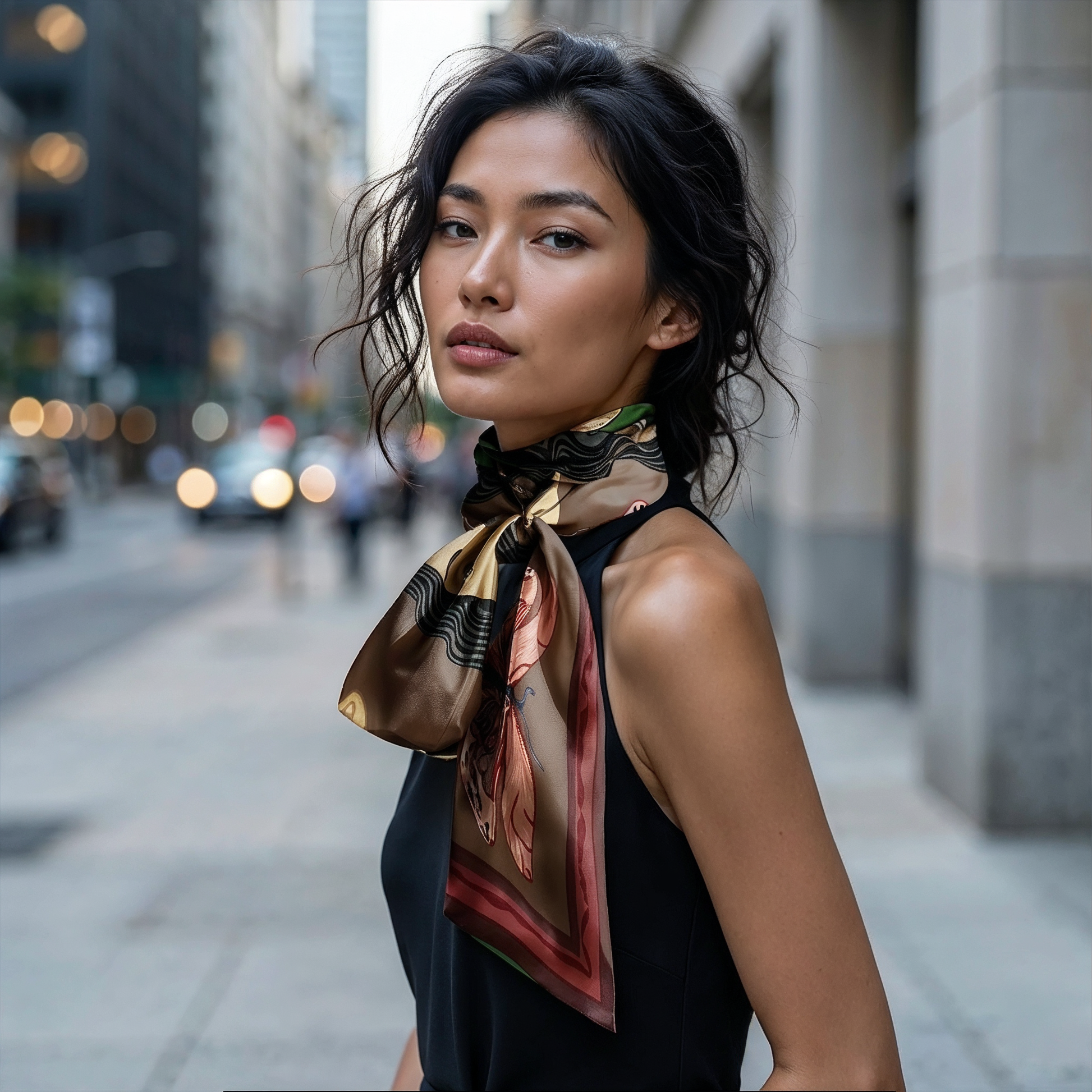 NOE MI Ginger Lace Gothic square silk scarf is a luxury designer scarf in deep green, burgundy red, brown, and muted tones designed for elegant and dramatic styling.