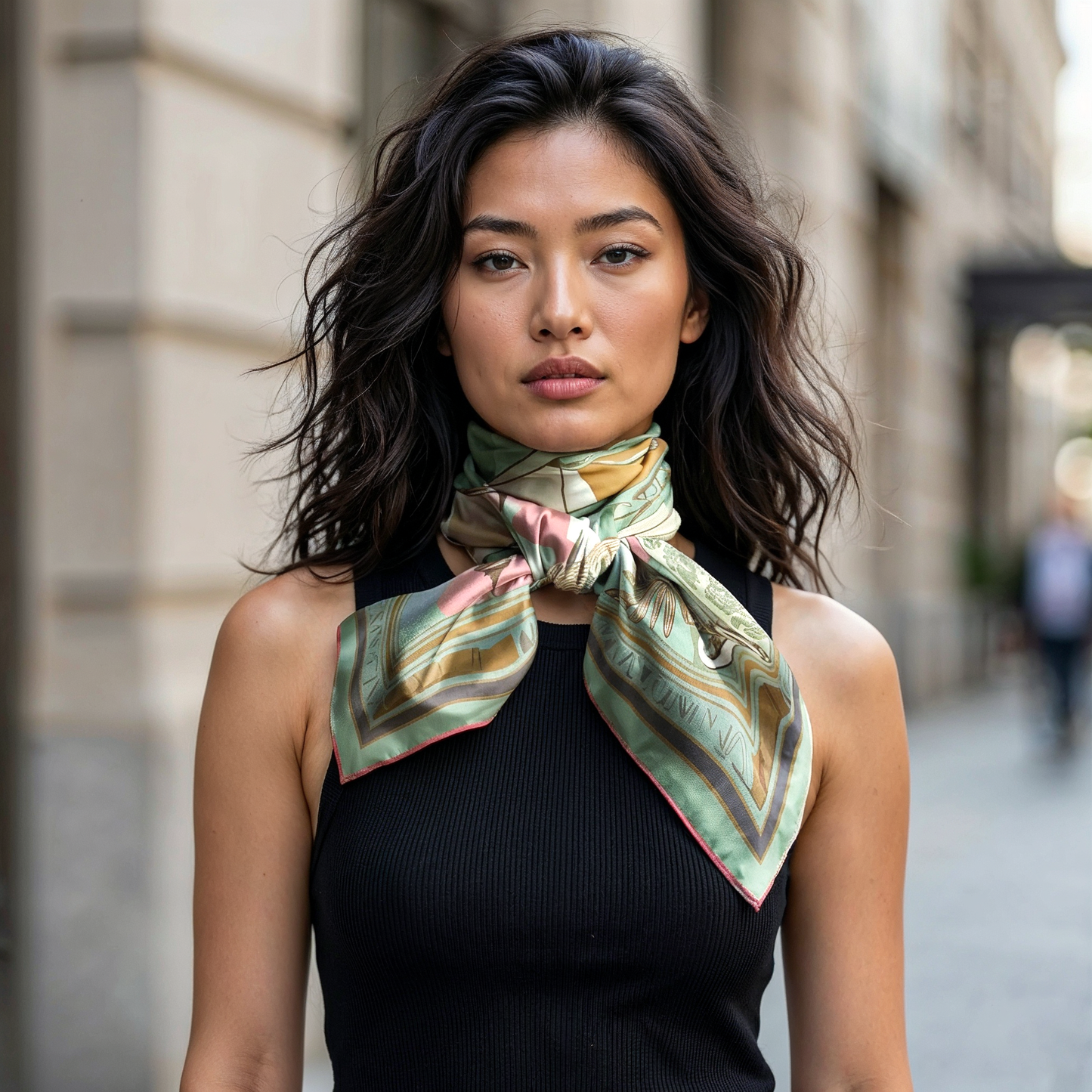 NOE MI Golden Threads Square Scarf Mint is a square silk scarf that can be worn as a neck scarf, headscarf, shoulder wrap, or handbag accessory for elevated everyday style.