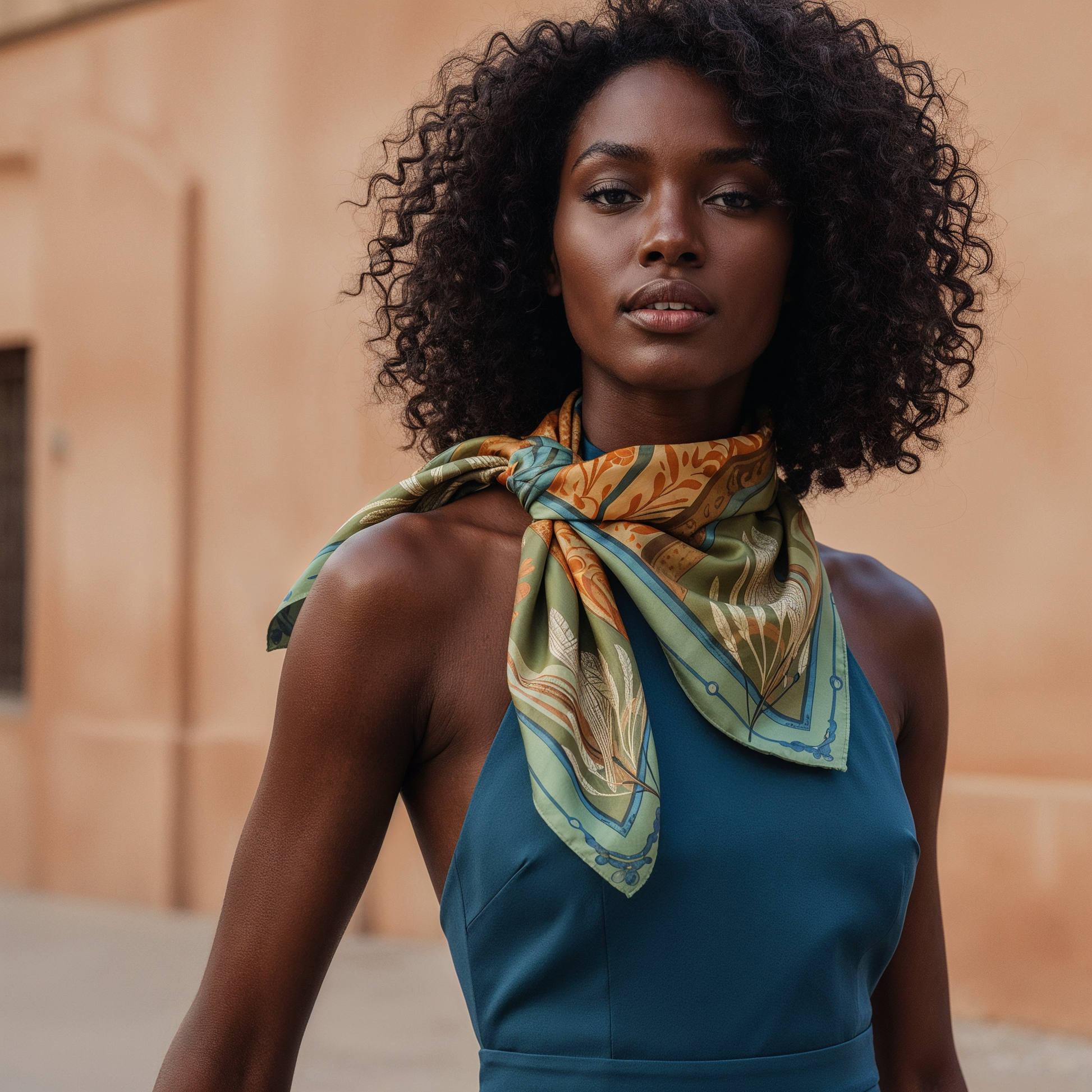 NOE MI high end silk scarf with soft spring palette and refined feminine artwork for luxury fashion lovers