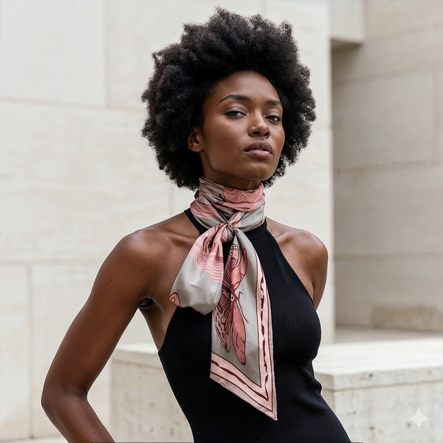 NOE MI Ginger Lace Nוגק silk scarf is a high end fashion piece combining rich pastel tones, symbolic illustration, and elegant silk texture.