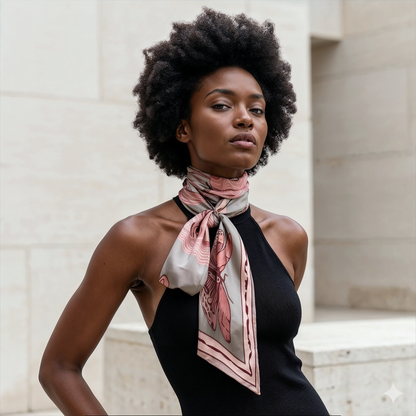 NOE MI Ginger Lace Nוגק silk scarf is a high end fashion piece combining rich pastel tones, symbolic illustration, and elegant silk texture.
