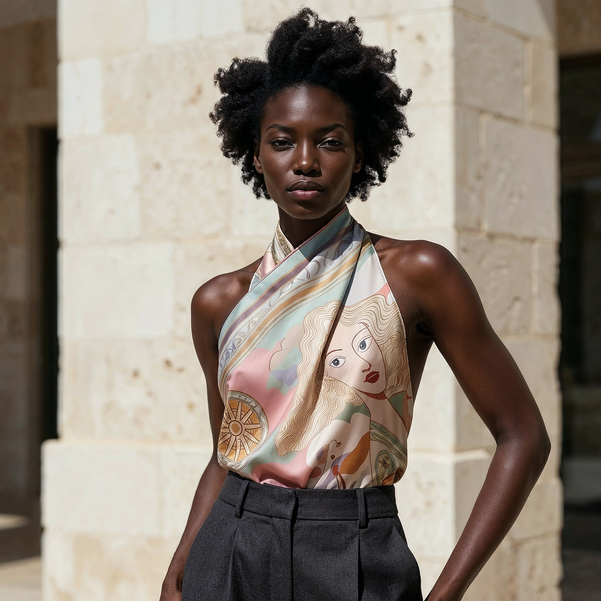 A NOE MI Silk scarf by Noemi Safir 

NOE MI Golden Threads Square Scarf Mint is a luxury silk twill scarf that blends mint green, blush pink, sky blue, warm sand, and ivory into a soft and sophisticated composition.
