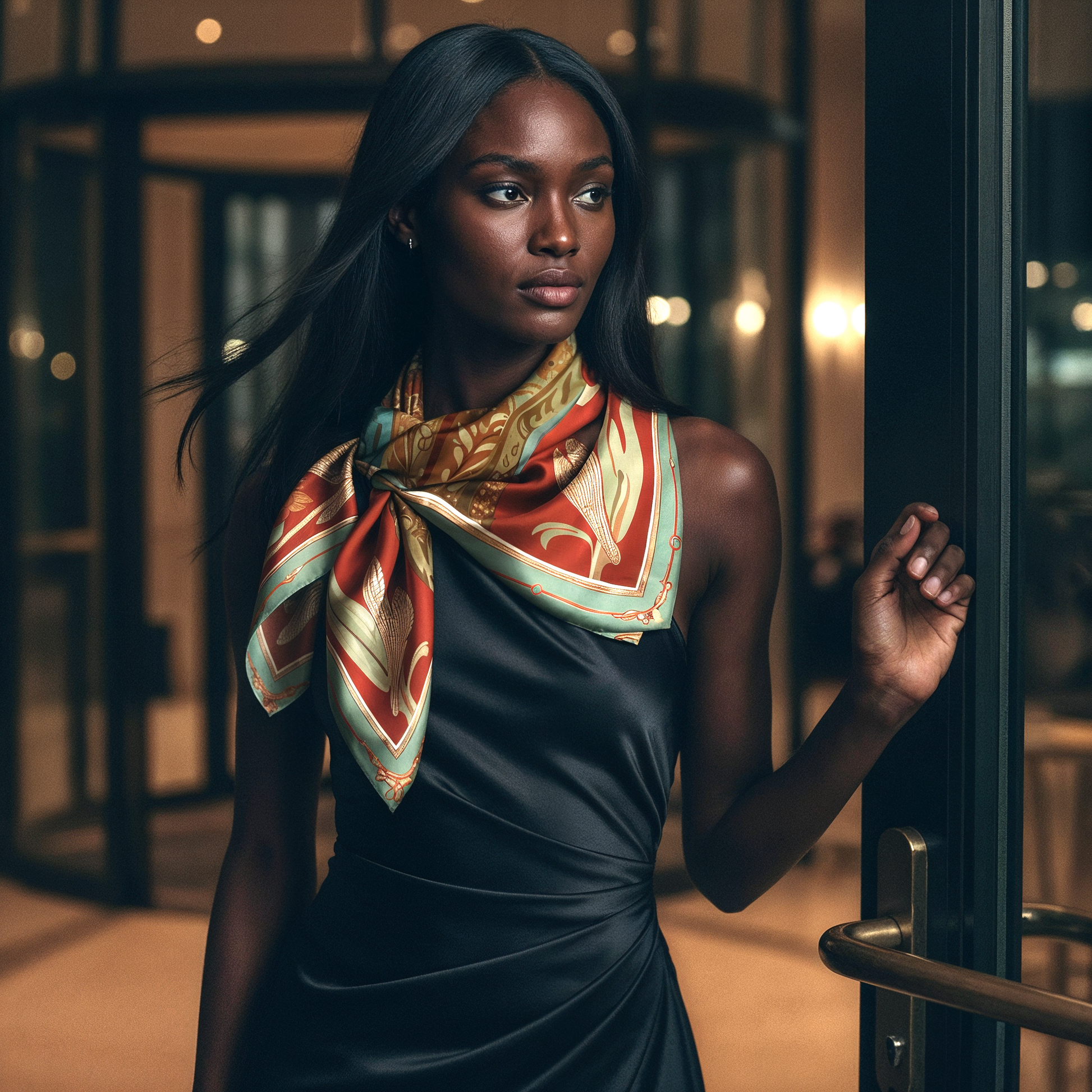 NOE MI Lunar Empress Ember luxury silk scarf featuring a bold red and gold palette with a powerful feminine figure holding a glowing orb, crafted in silk twill with rich texture and artistic celestial motifs