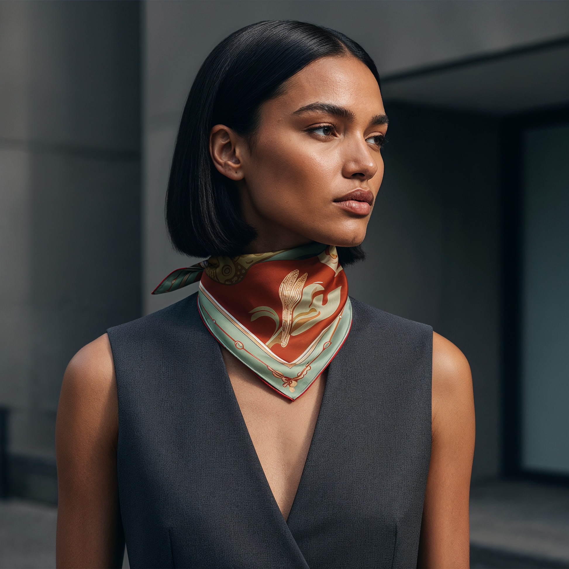 Luxury designer scarf by NOE MI, 100% silk twill with Lunar Empress celestial artwork, hand-finished edges, terracotta and gold palette, global fashion statement piece.