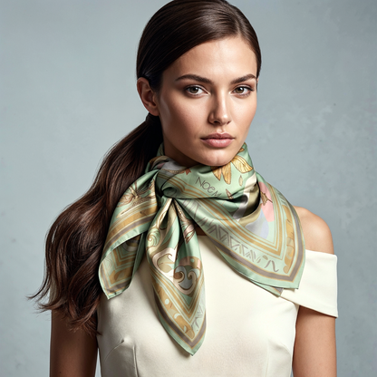 NOE MI Golden Threads Square Scarf Mint is a wearable art silk scarf created for women who love quiet luxury, symbolic fashion, and refined statement accessories.