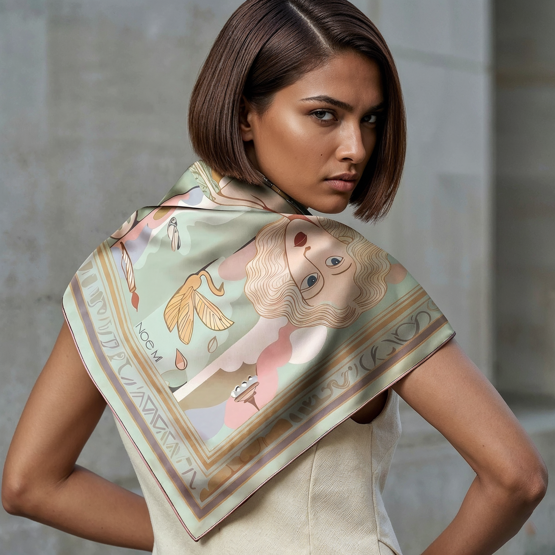 A NOE MI Silk scarf by Noemi Safir 

NOE MI Golden Threads Mint luxury square scarf is a premium silk twill accessory that brings together art, fashion, and symbolic storytelling in a soft and luminous color palette.