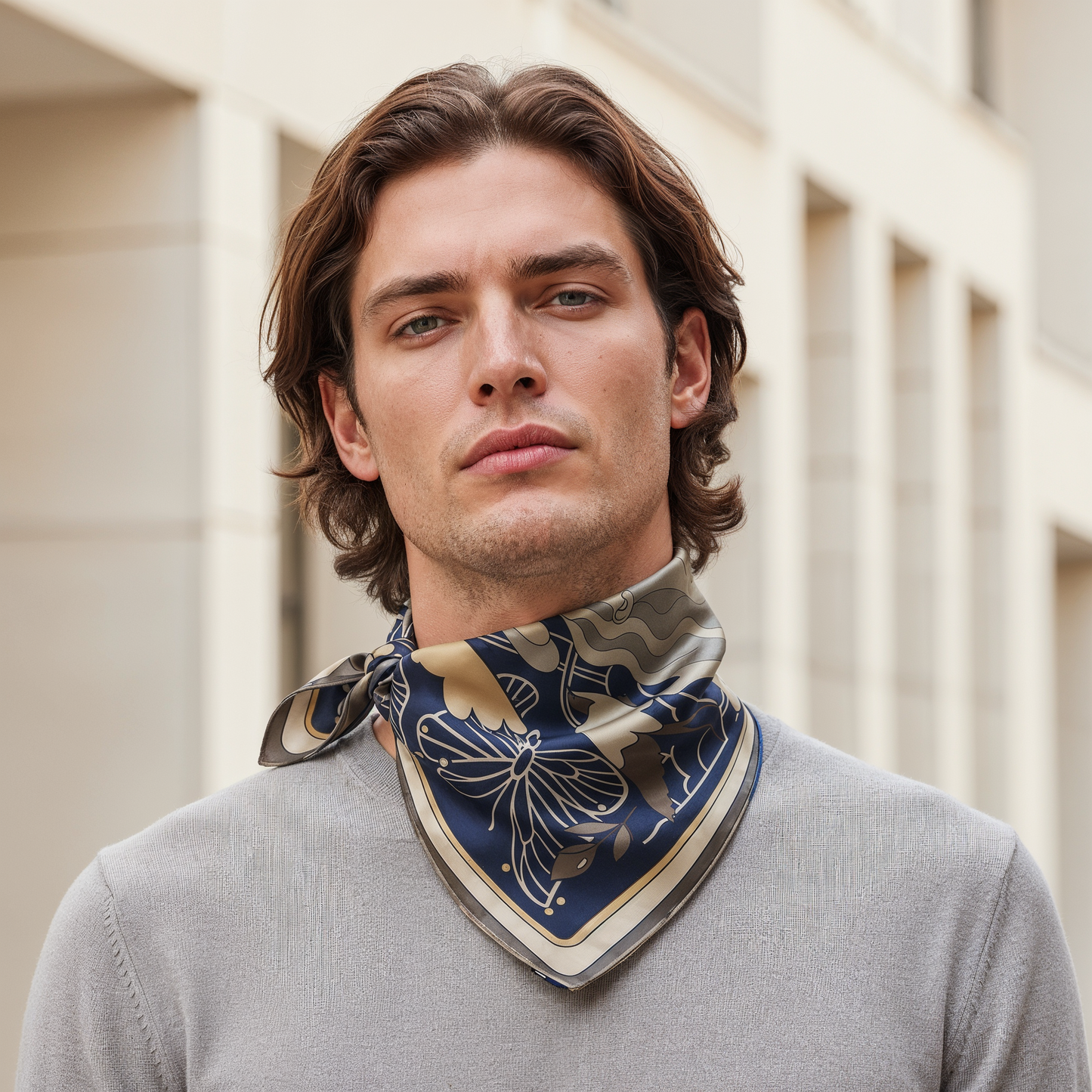 NOE MI Apple Affair Sapphire silk scarf is a premium designer scarf ideal for elegant styling, statement outfits, and curated wardrobes.