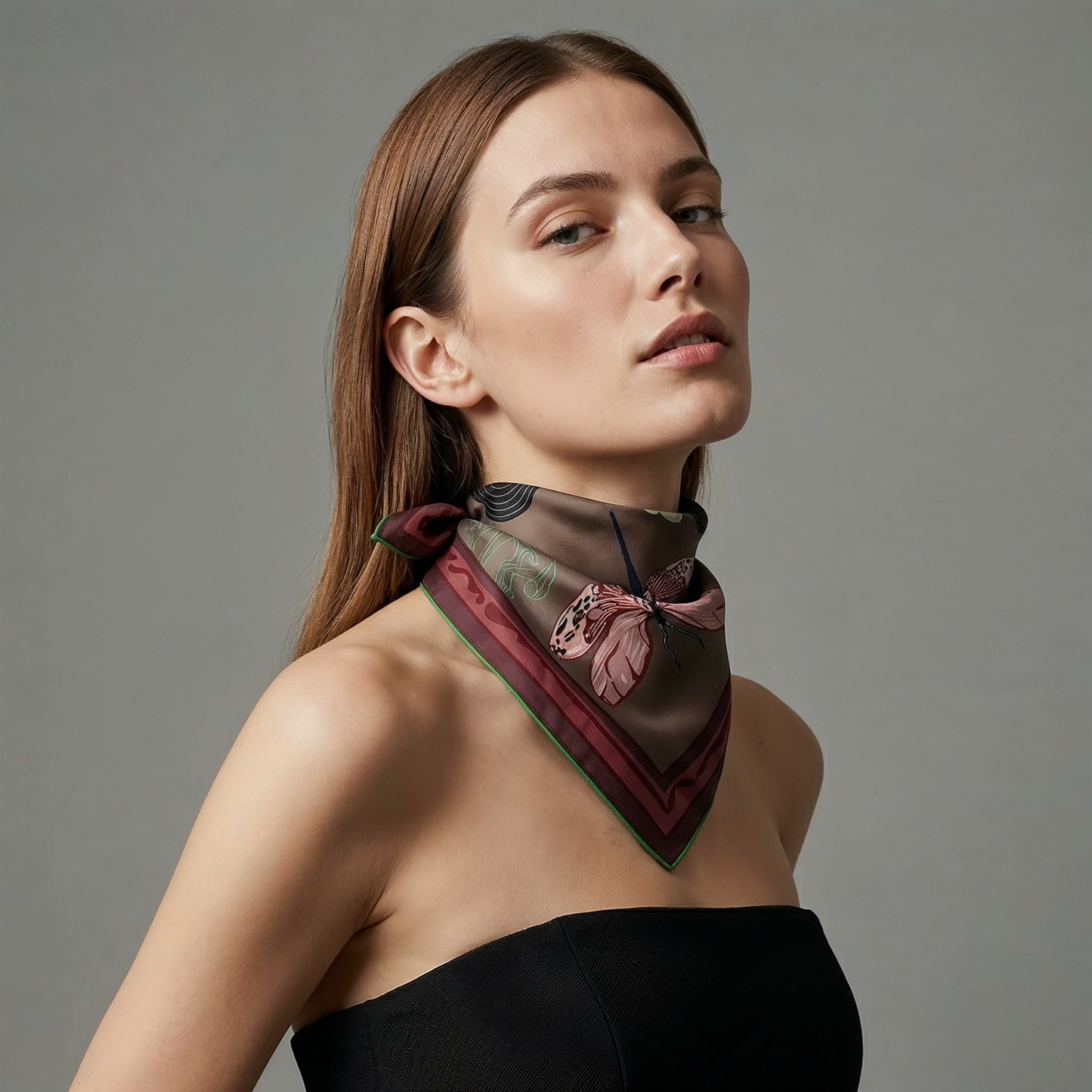 NOE MI Ginger Lace Gothic silk scarf is a luxury silk twill scarf combining dark green and wine red tones for a rich and sophisticated fashion statement.
