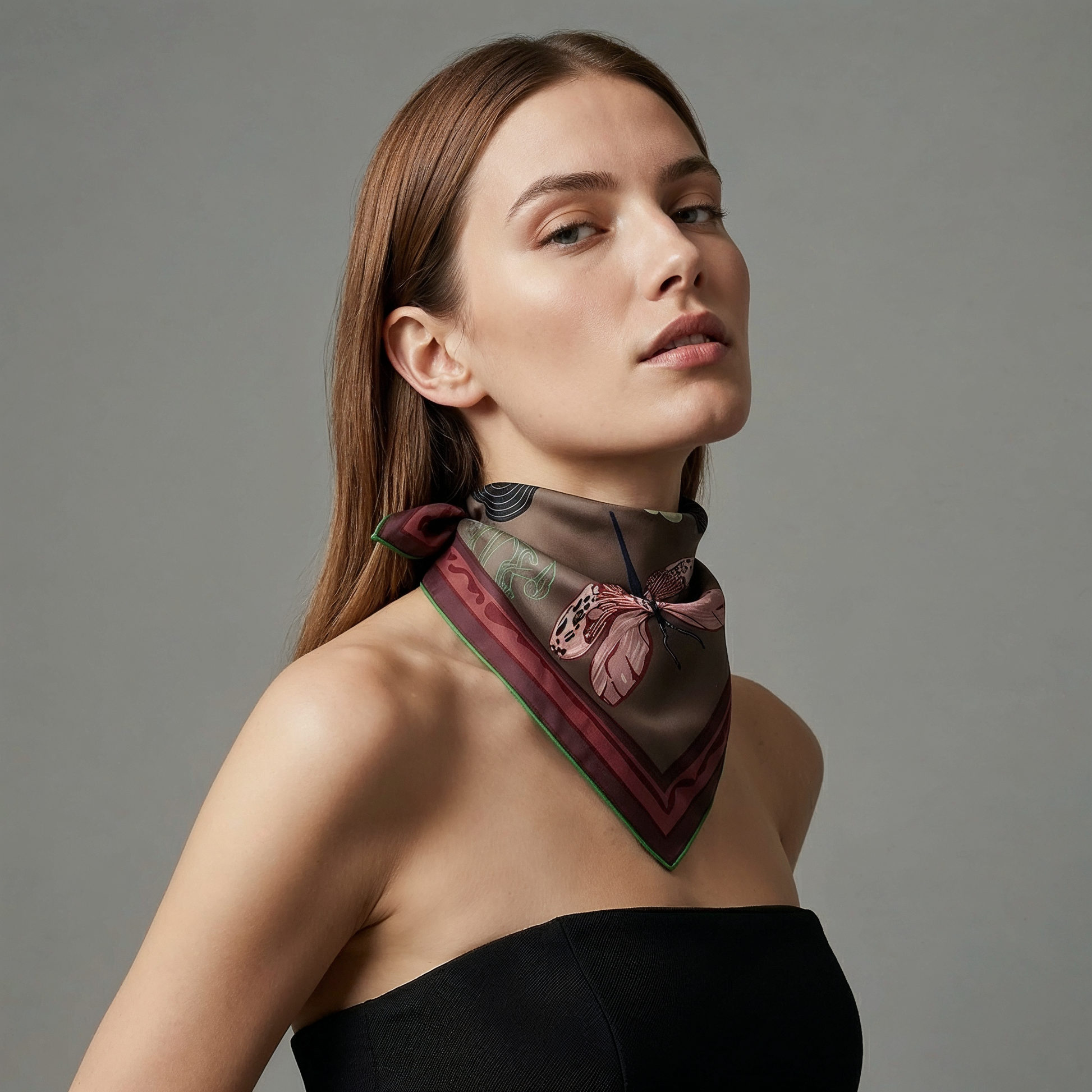 NOE MI Ginger Lace Gothic silk scarf is a luxury silk twill scarf combining dark green and wine red tones for a rich and sophisticated fashion statement.
