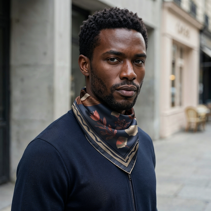 NOE MI Ginger Lace Indigo square silk scarf is a designer accessory suitable for fashion forward men, collectors, and lovers of wearable art.