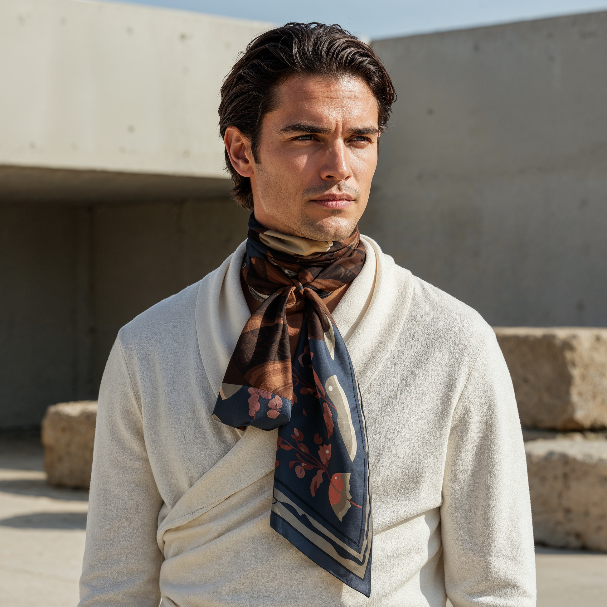 NOE MI Ginger Lace Indigo silk scarf is a statement piece that enhances outfits with deep blue tones and artistic detail.