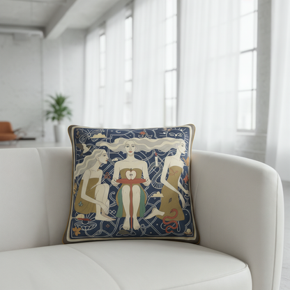 NOE MI Apple Affair Sapphire cushion is a high end square decorative pillow designed for style conscious women, art lovers, and interior design clients who seek meaningful home accessories with a strong yet quiet aesthetic.